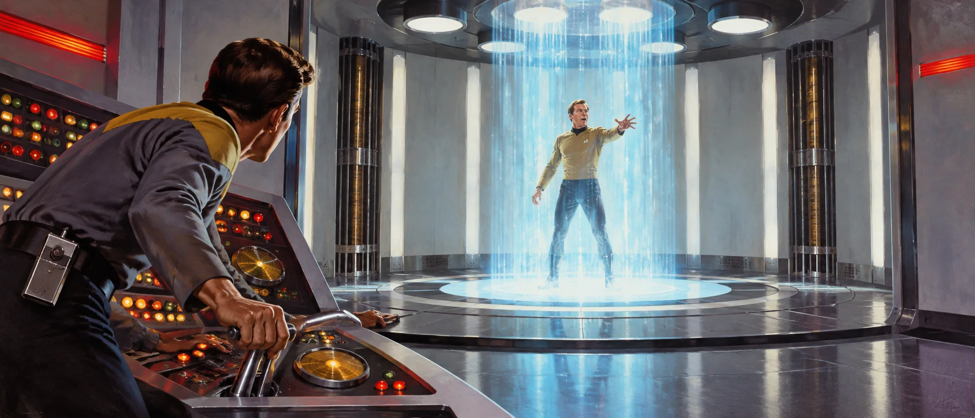 A starship engineer pulls a lever at a glowing console as a captain in a gold tunic shimmers in a column of blue light on the transporter pad.