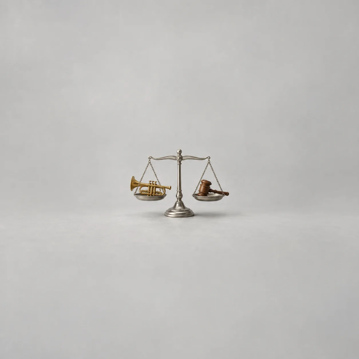 A silver balance holds a miniature brass horn in one pan and a wooden gavel in the other against grey.