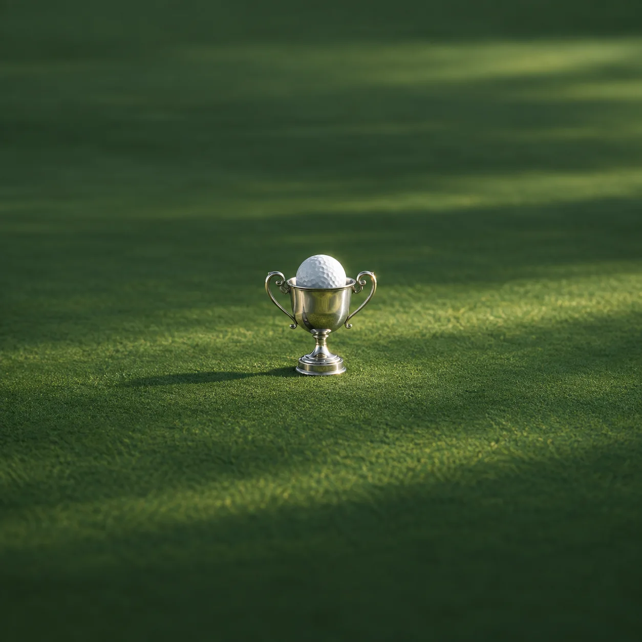 A golf ball rests in a small silver trophy cup on sunlit green grass.