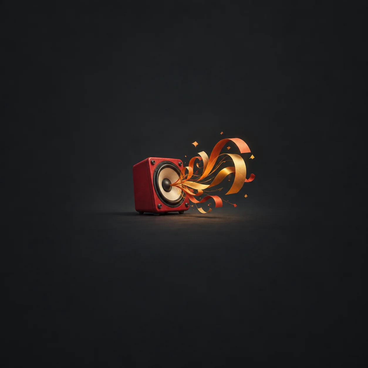 Orange and gold paper streamers burst from the cone of a red speaker against charcoal.