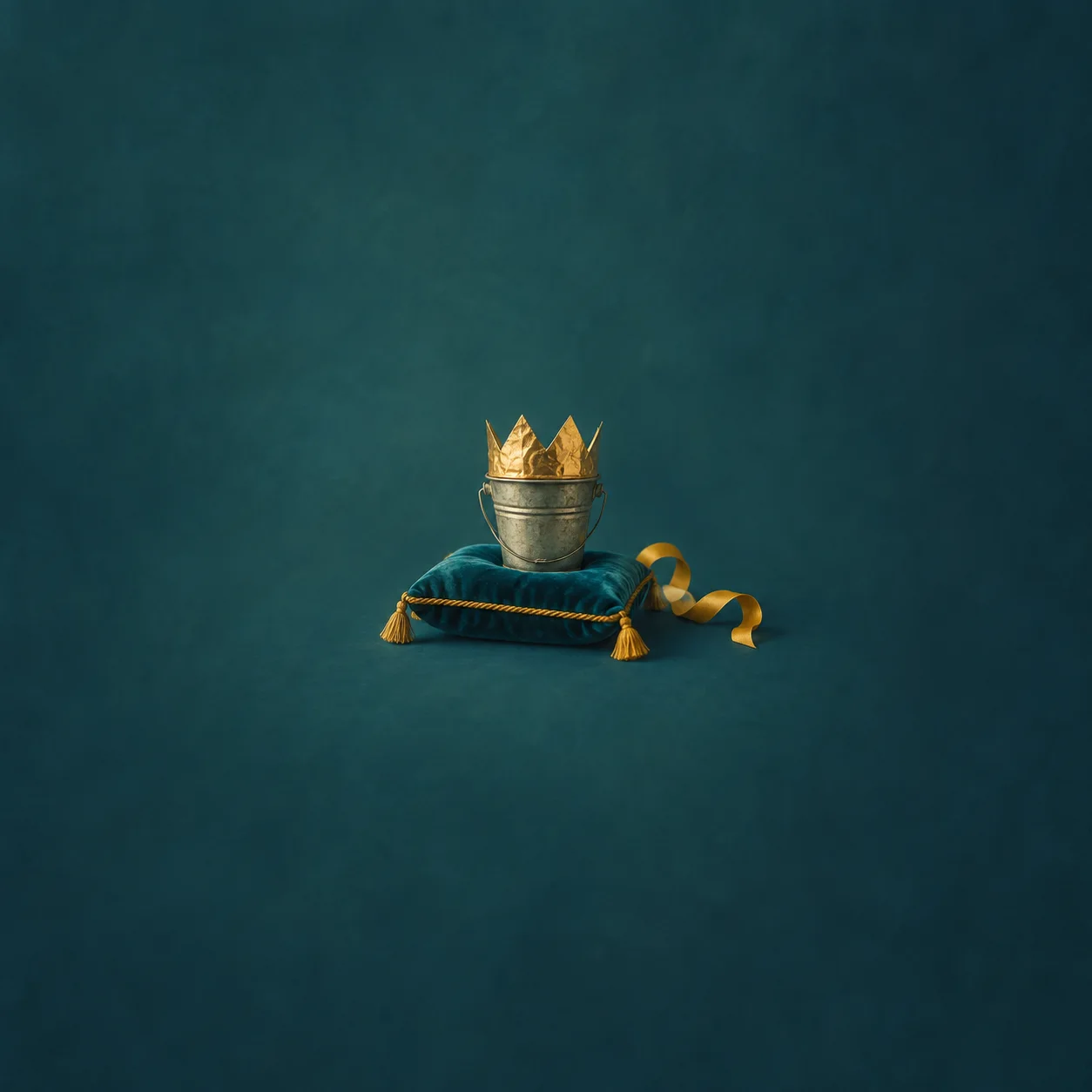 A small metal pail wearing a gold crown rests on a teal cushion beside a loose gold ribbon.