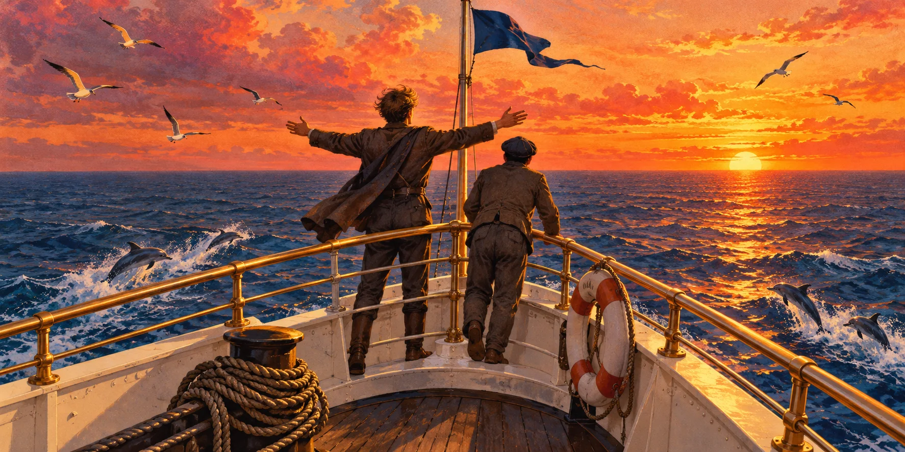 Two young men stand at the bow rail of a great liner at sunset, one with his arms flung wide over the sea, dolphins leaping below.
