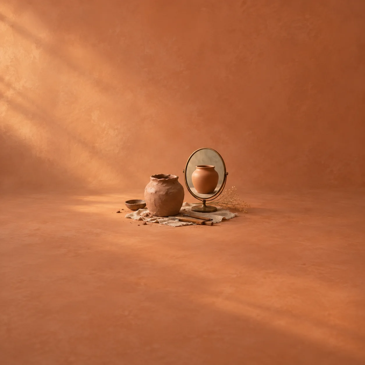 A rough clay pot sits beside an oval mirror reflecting a smooth finished pot, with small clay scraps on a terracotta surface.
