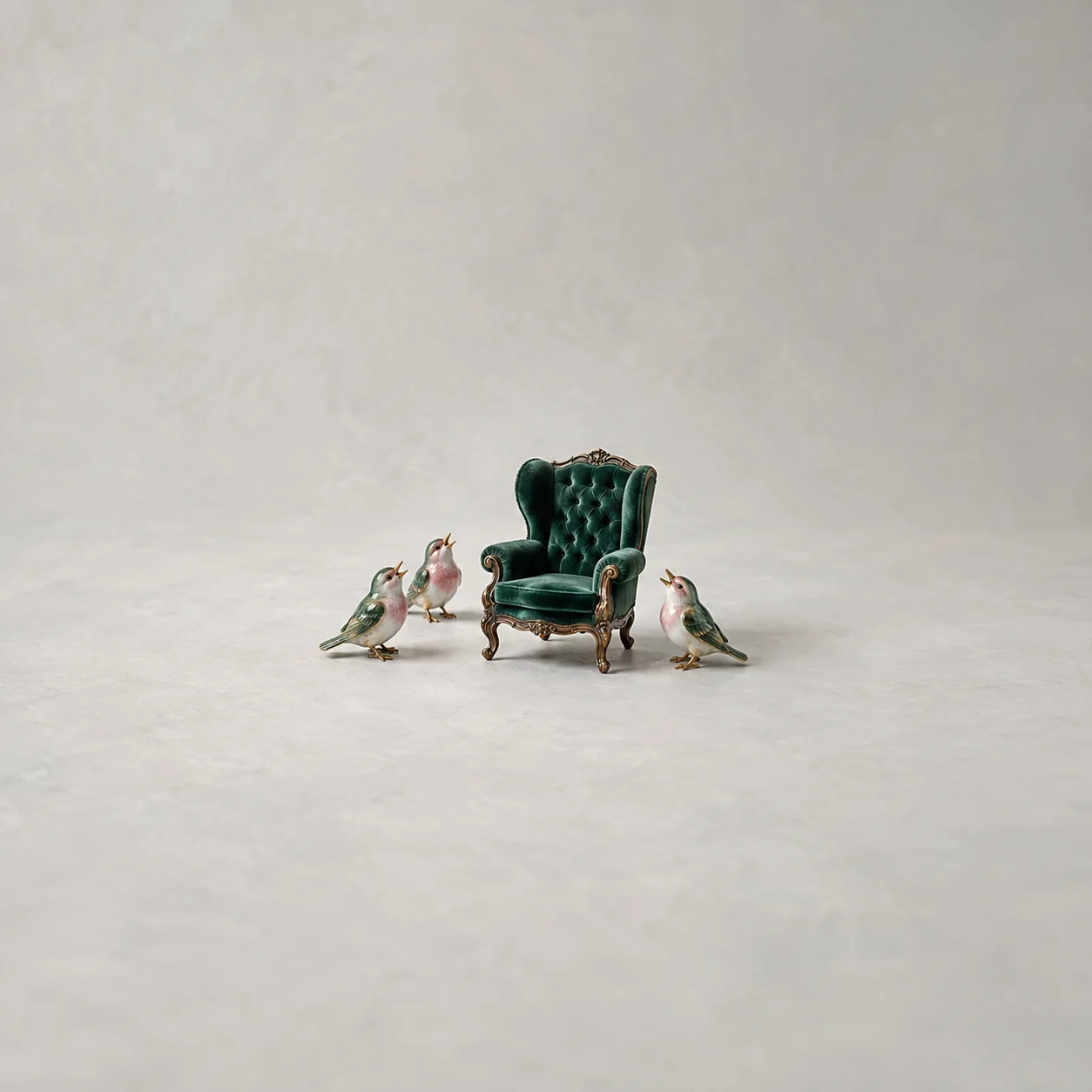 A small empty green armchair with three little porcelain birds facing it with open beaks.