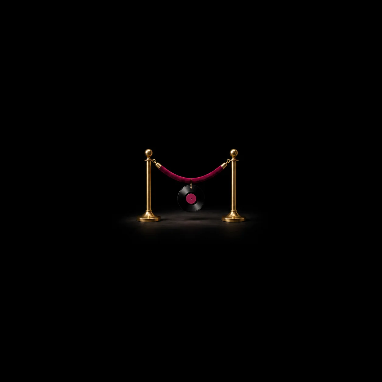 A black record with a pink center hanging from a magenta velvet rope between brass posts against a black background.