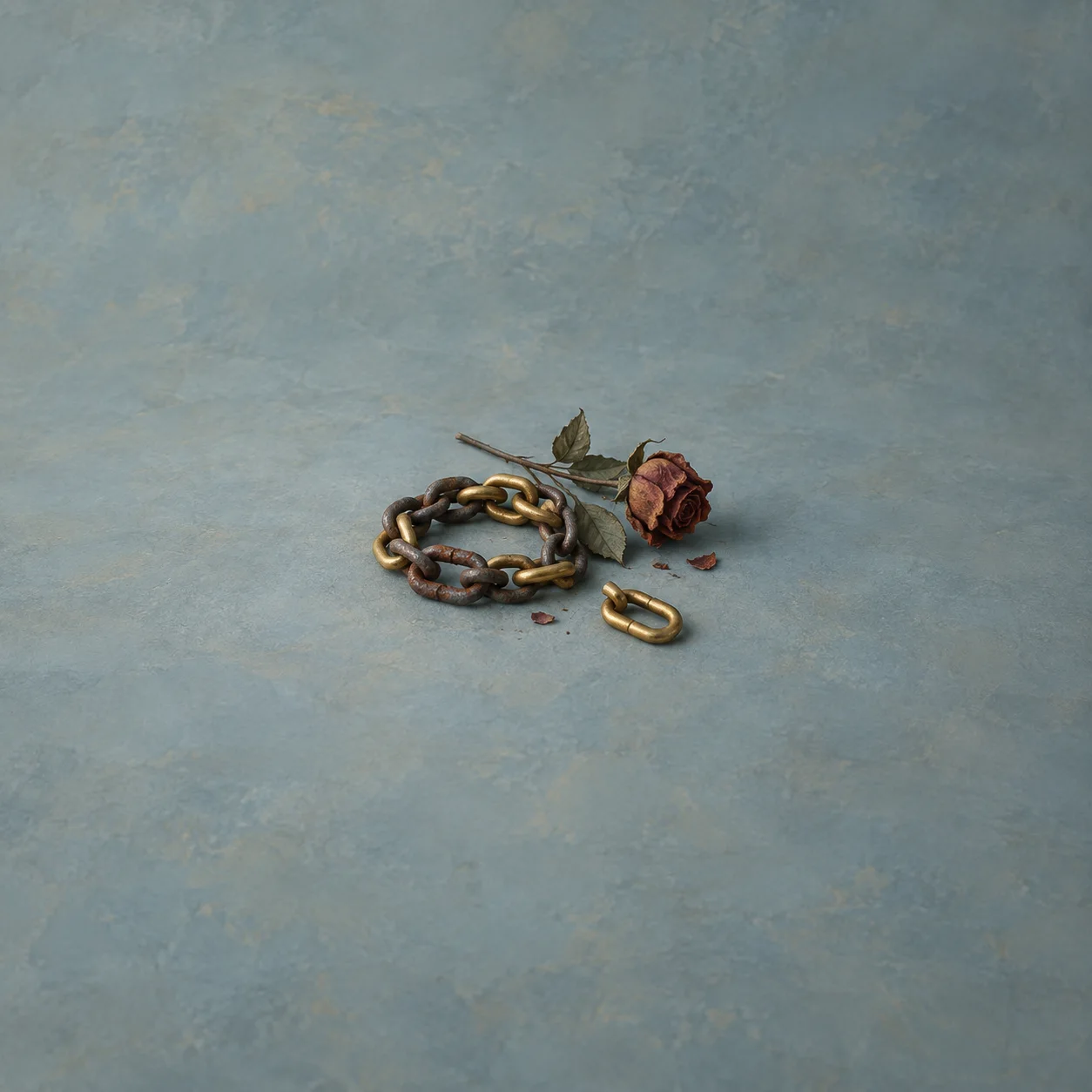 A short chain of dark and gold links, a separate gold link and a dried rose on a pale blue surface.