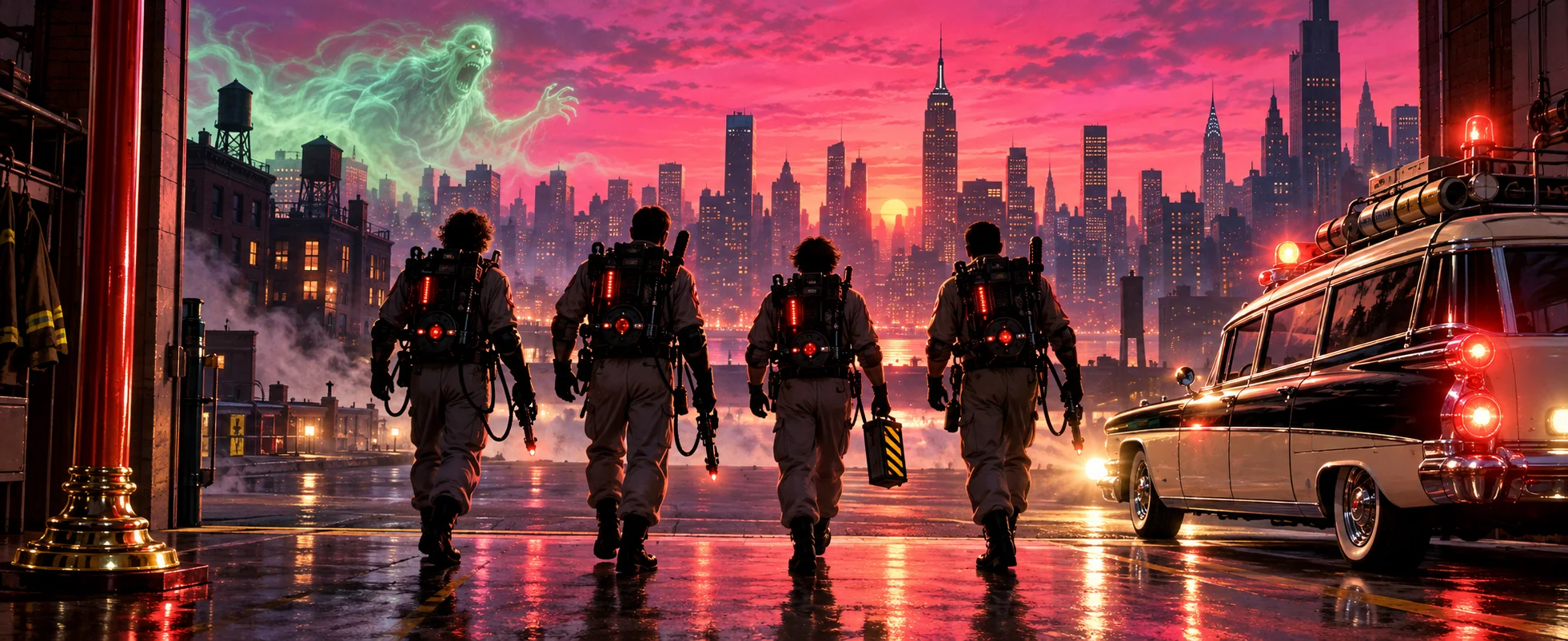 Four figures in jumpsuits and proton packs walk out of a firehouse toward a white ambulance-style car under a neon-pink Manhattan sky, a green ghost overhead.