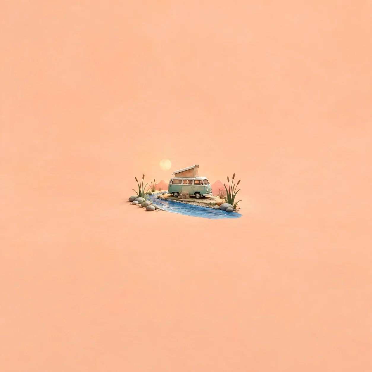 A small seafoam-green toy camper van beside a blue miniature river with reeds and stones.