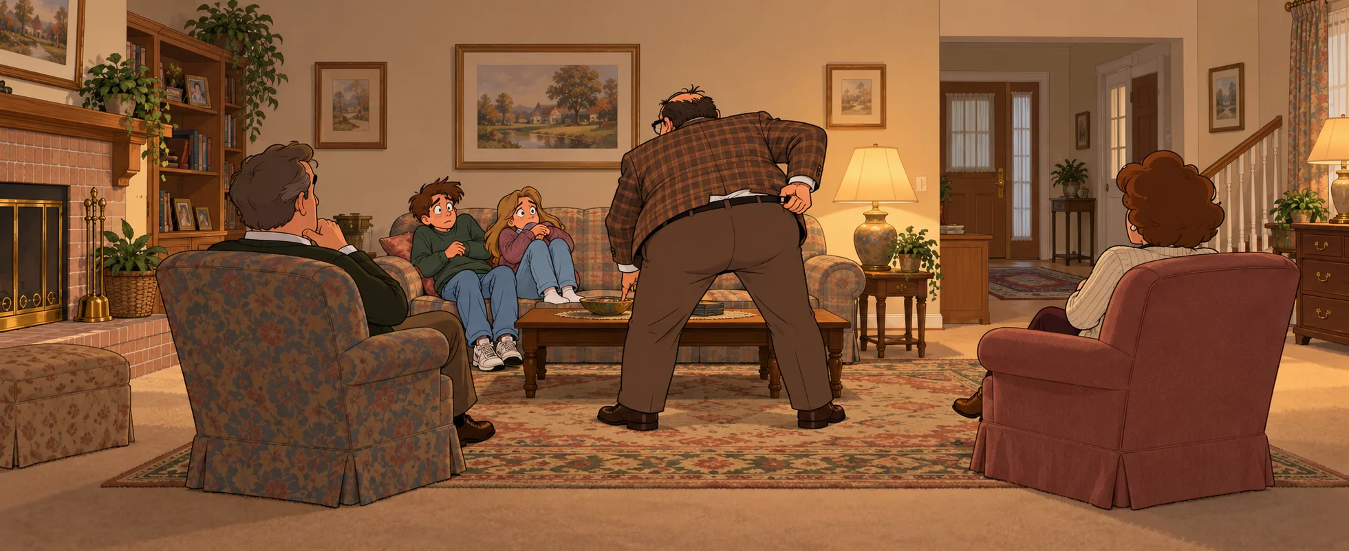 A heavy man in a plaid jacket hitches his belt and leans over a coffee table toward two teenagers on a sofa as their parents watch.