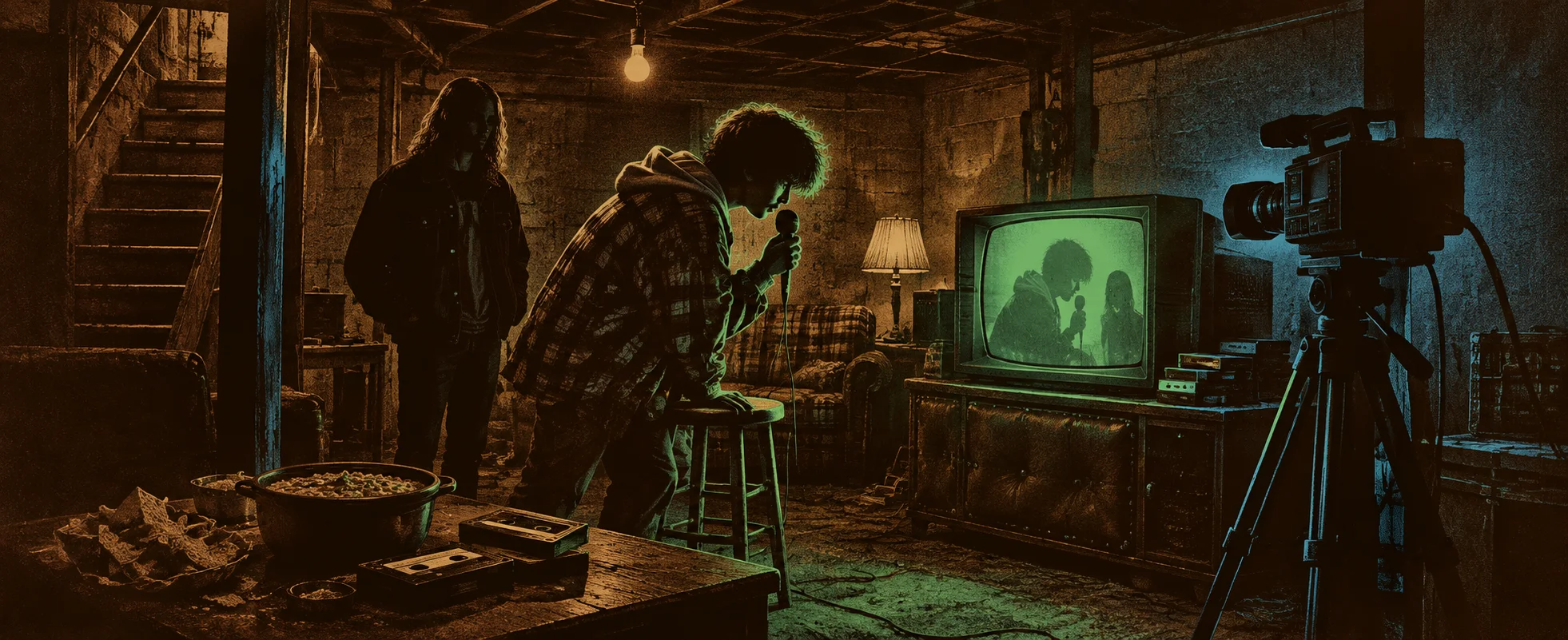 Two young men in a cluttered basement studio hunch over a microphone and a cable-access camera beside a glowing old TV.