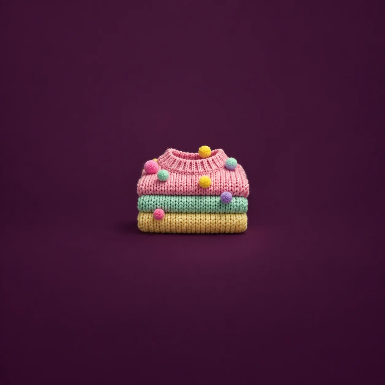 A stack of colourful knitted sweaters decorated with pompoms resembles a tiered cake against a plum background.
