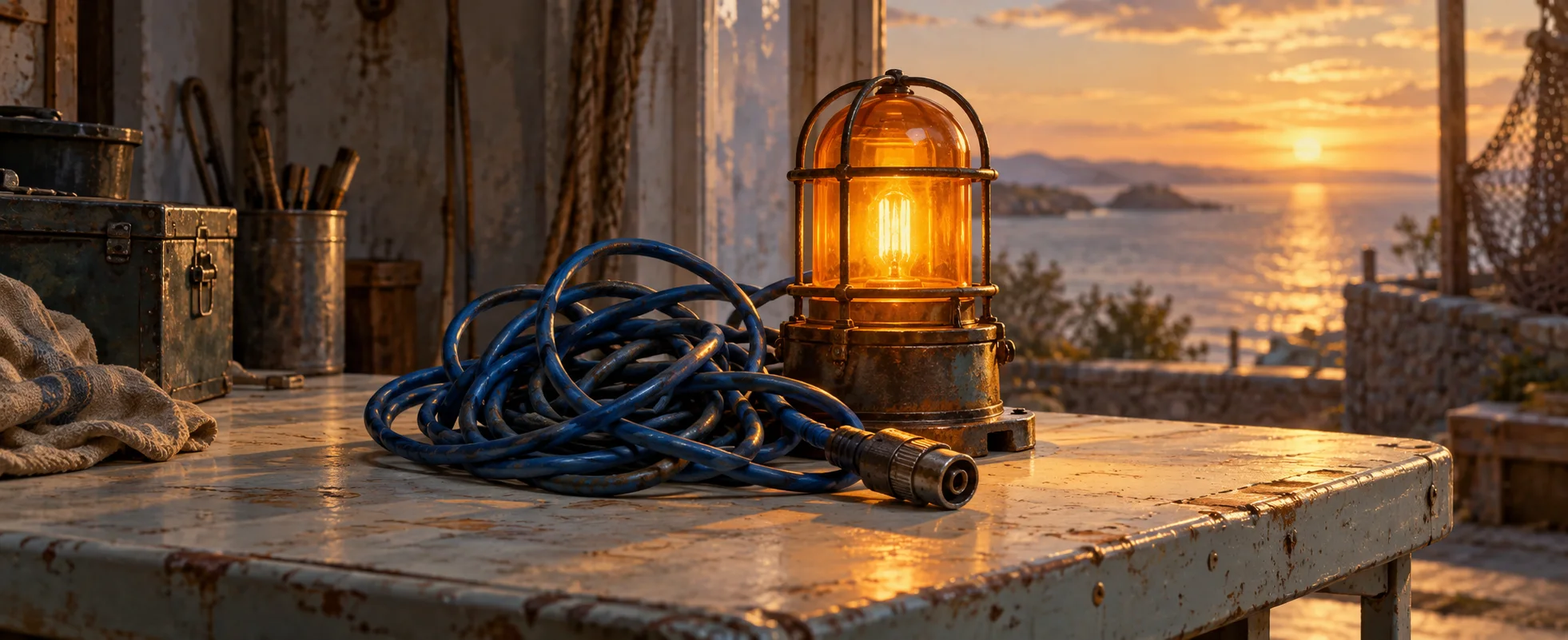 A tangled blue cord rests beside an amber signal lamp on a pale maintenance table.