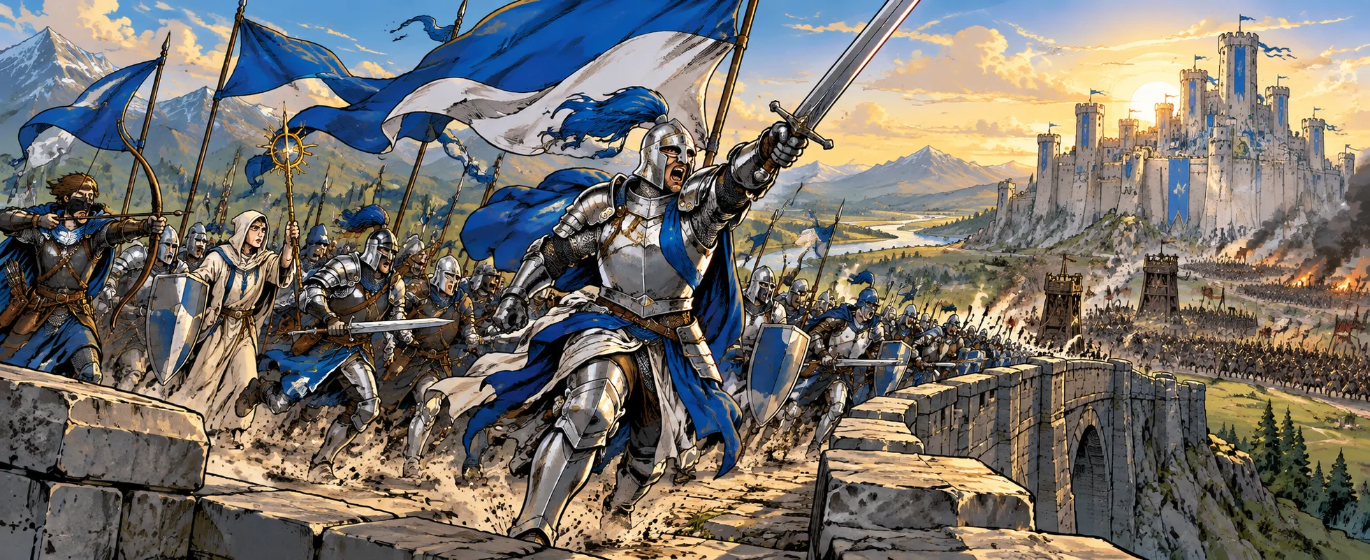 Knights in silver and blue plate charge across a stone bridge under streaming blue-and-white banners, a knight with his sword raised at their head and a white-walled keep beyond.