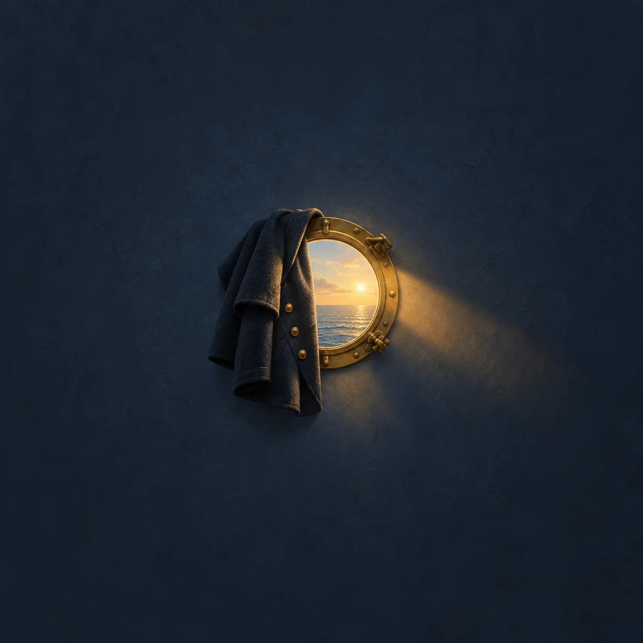 Painterly dark navy coat draped over a brass porthole glowing with warm sunlight against deep blue.