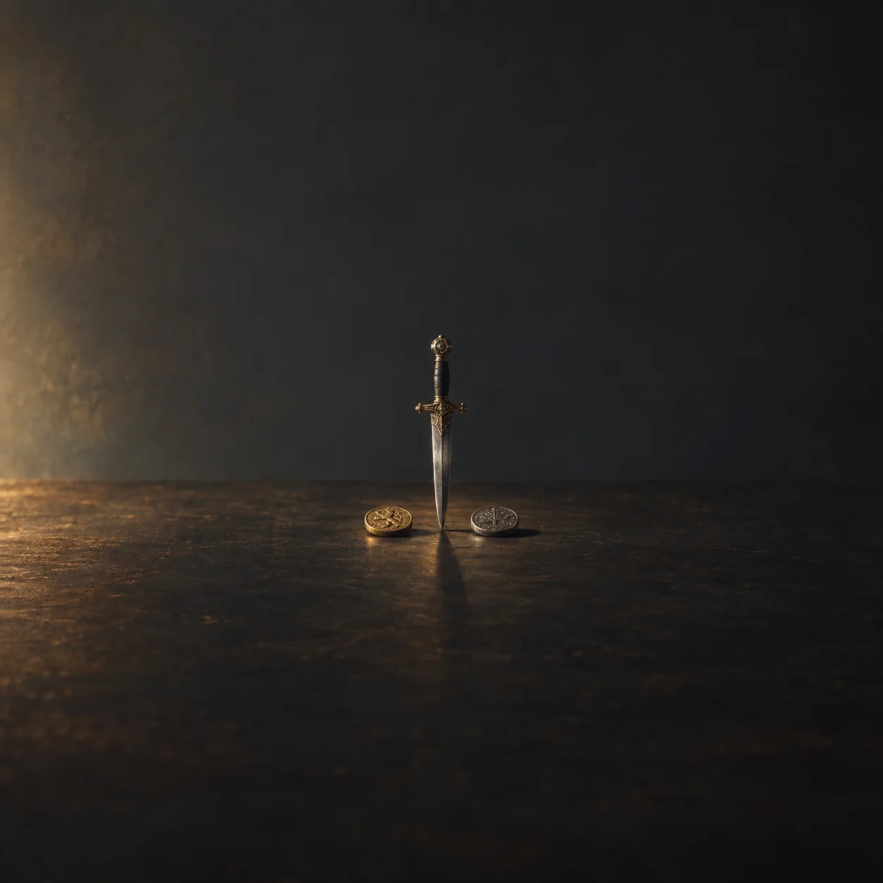 A dagger balances upright on its point between two coins on a dark wooden surface.