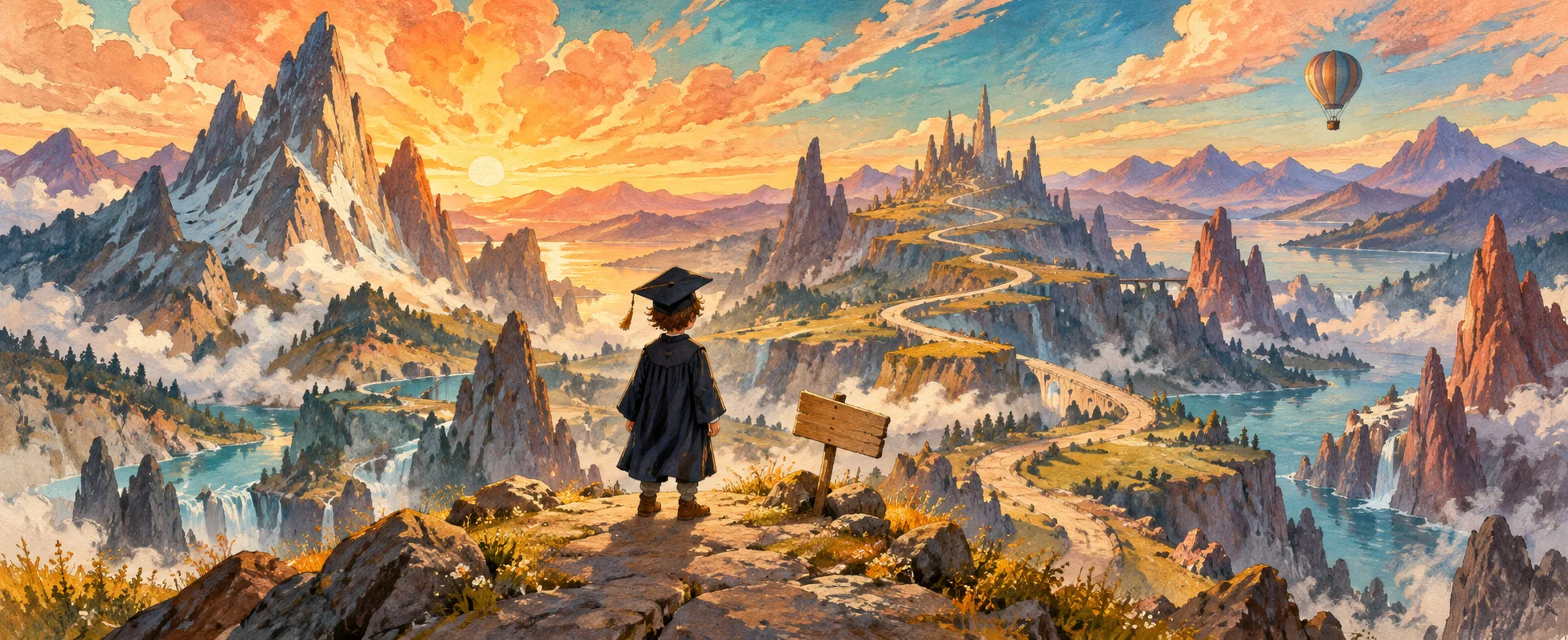 A small graduate in a mortarboard stands at the start of a winding road through a fantastical landscape of tilted peaks, a hot-air balloon overhead.