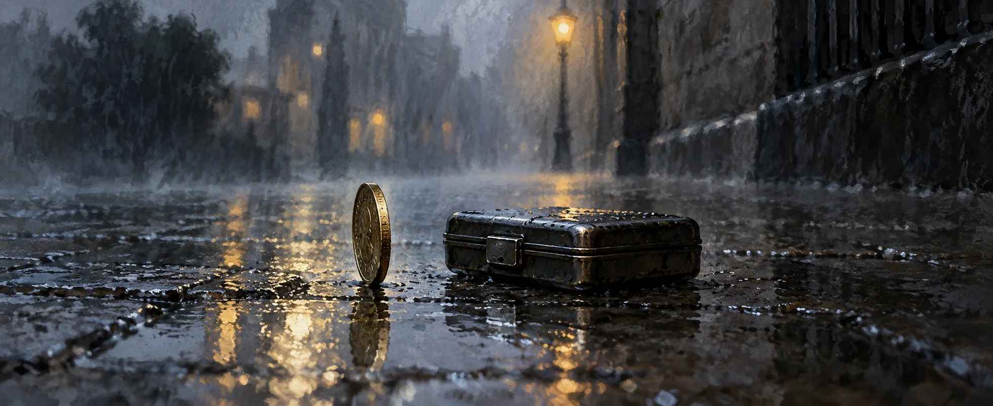 A small brass coin balances on its edge beside a closed dark metal case on rain-wet pavement.