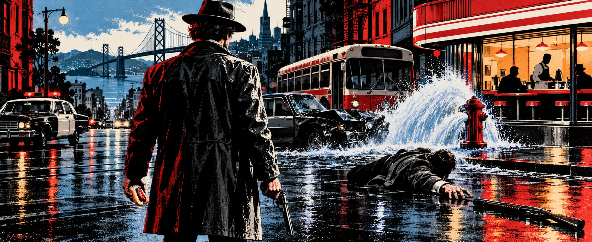 A detective in a long coat stands with a revolver at his side on a wet San Francisco street by a gushing hydrant, a robber lying on the pavement near a shotgun.