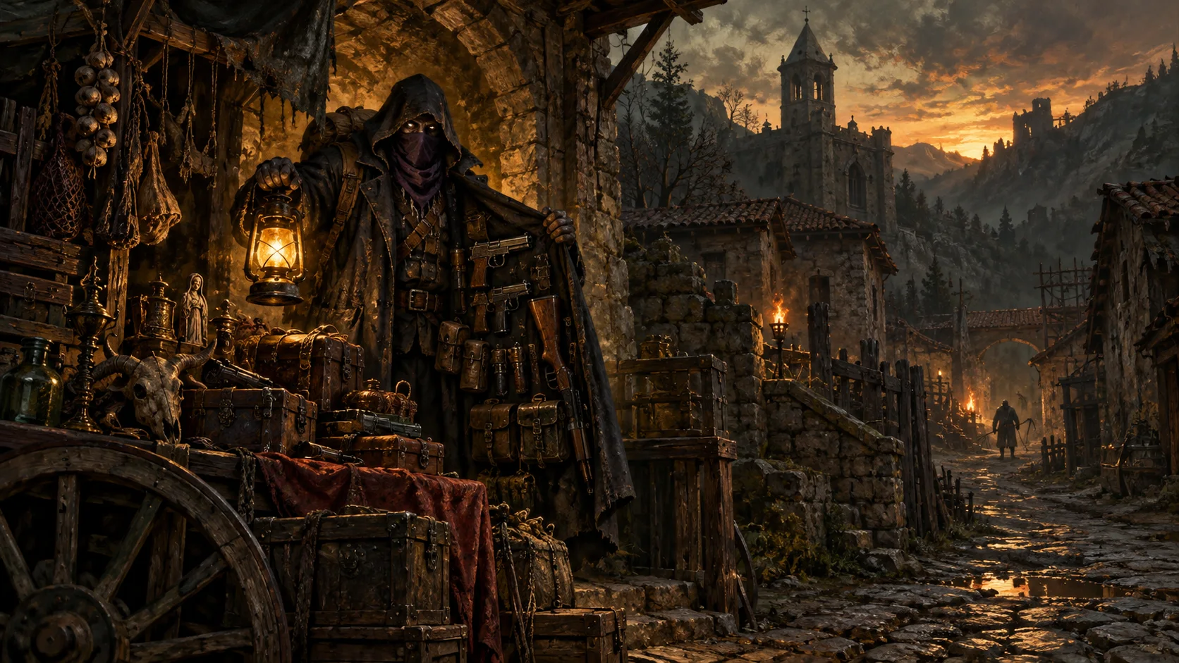 The hooded Merchant, his face masked by a purple scarf and his long coat lined with guns, holds up a lantern beside his cart of wares on a dusky village street below a stone church tower.