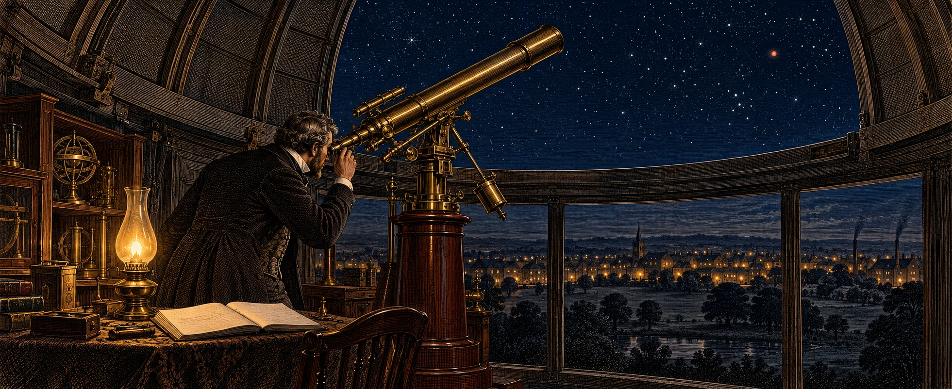 An astronomer in a frock coat peers through a brass telescope in a Victorian observatory at a small red star, a lamplit town below.