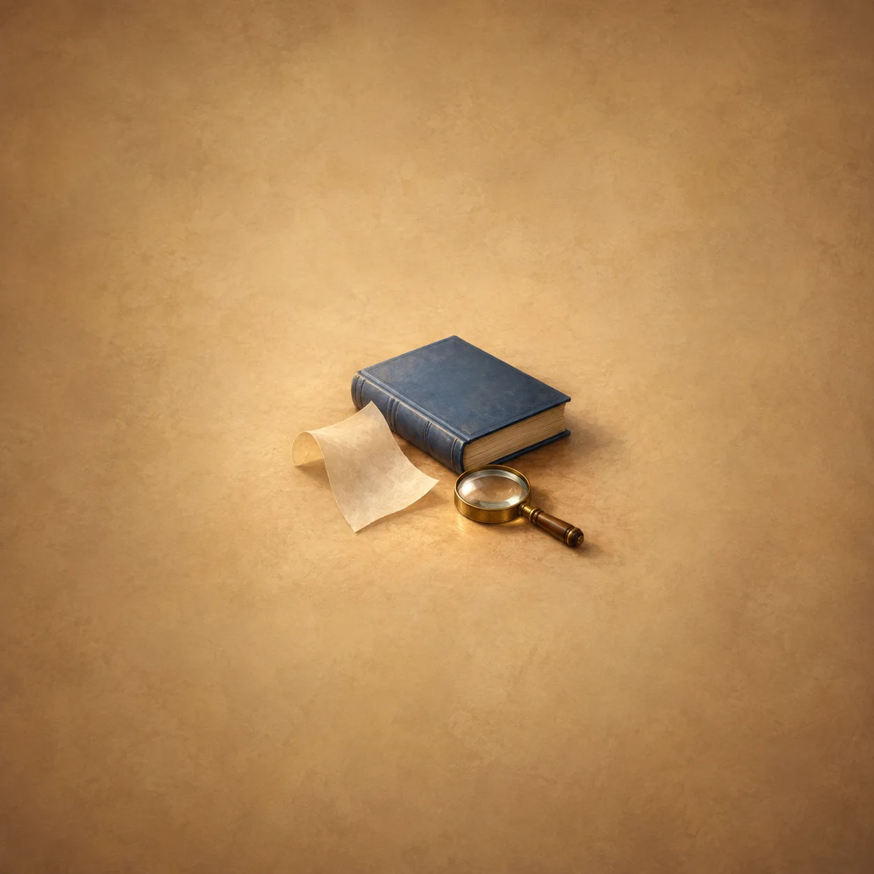 Painterly closed blue book beside a curling blank sheet and a magnifying glass on a warm tan surface.