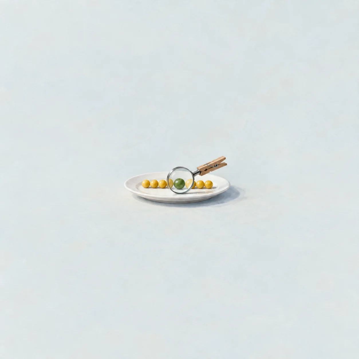 A magnifying glass held by a wooden clothes peg enlarges a green pea among yellow peas on a white plate.