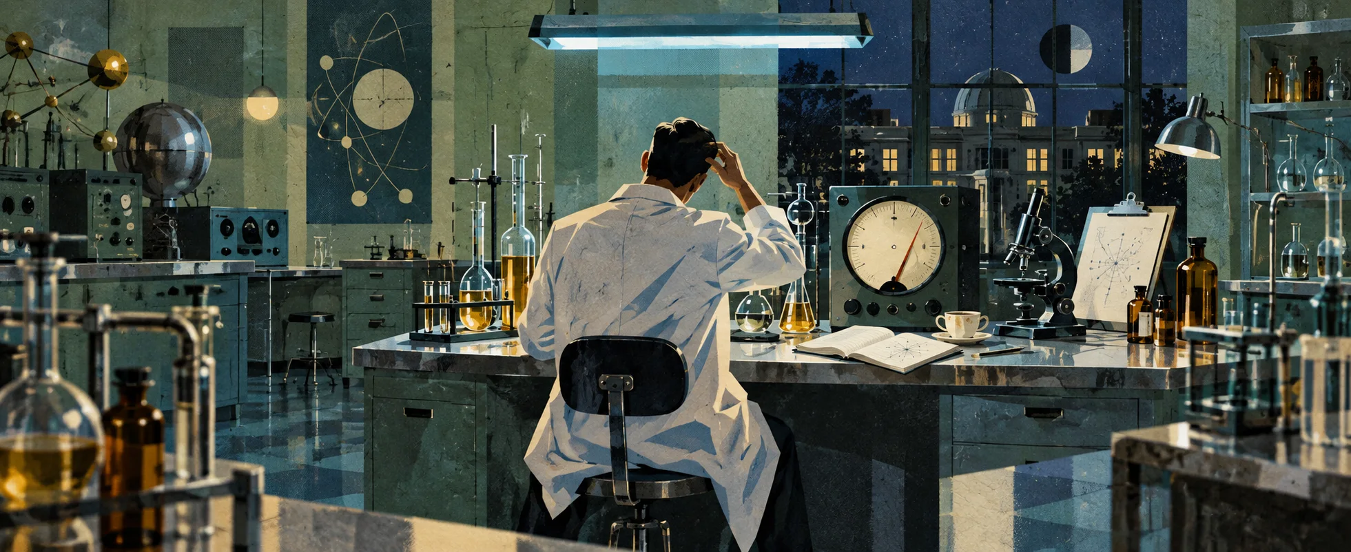 A scientist in a white coat scratches his head in puzzlement at a lab bench of instruments and glassware late at night.