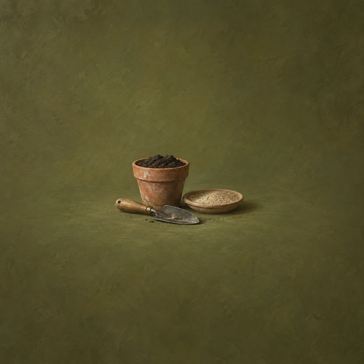 A terracotta pot filled with dark soil sits beside a trowel and a shallow dish of sand against olive green.