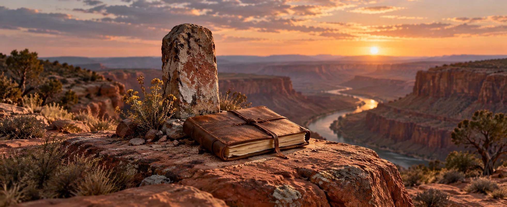 A worn closed journal lies beside a weathered road marker above a dusty red canyon.
