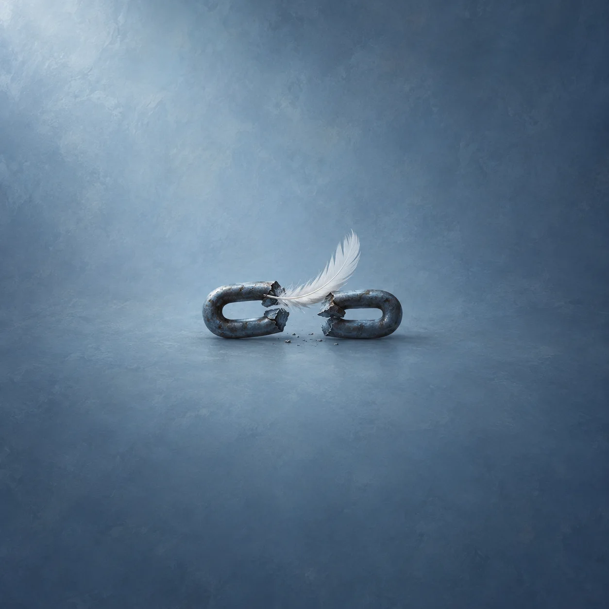Painterly broken dark chain link with a white feather caught between its ends.