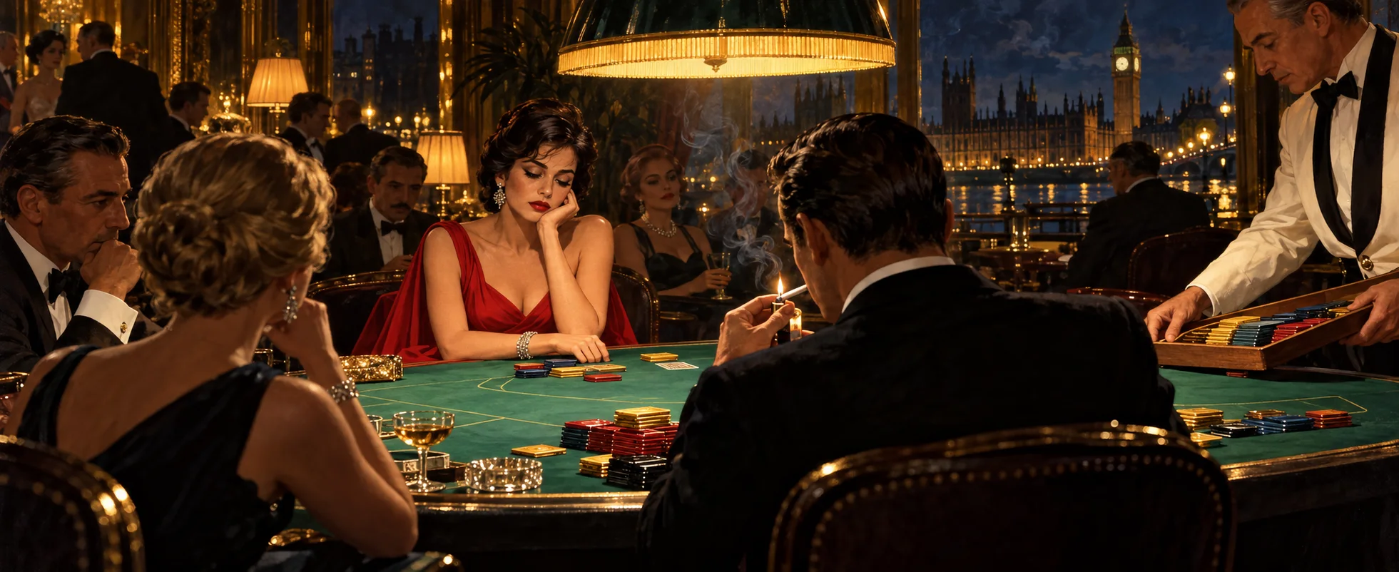 A man in a dinner jacket lights a cigarette across a green baize card table from a woman in a red gown in a London club, Big Ben through the window.
