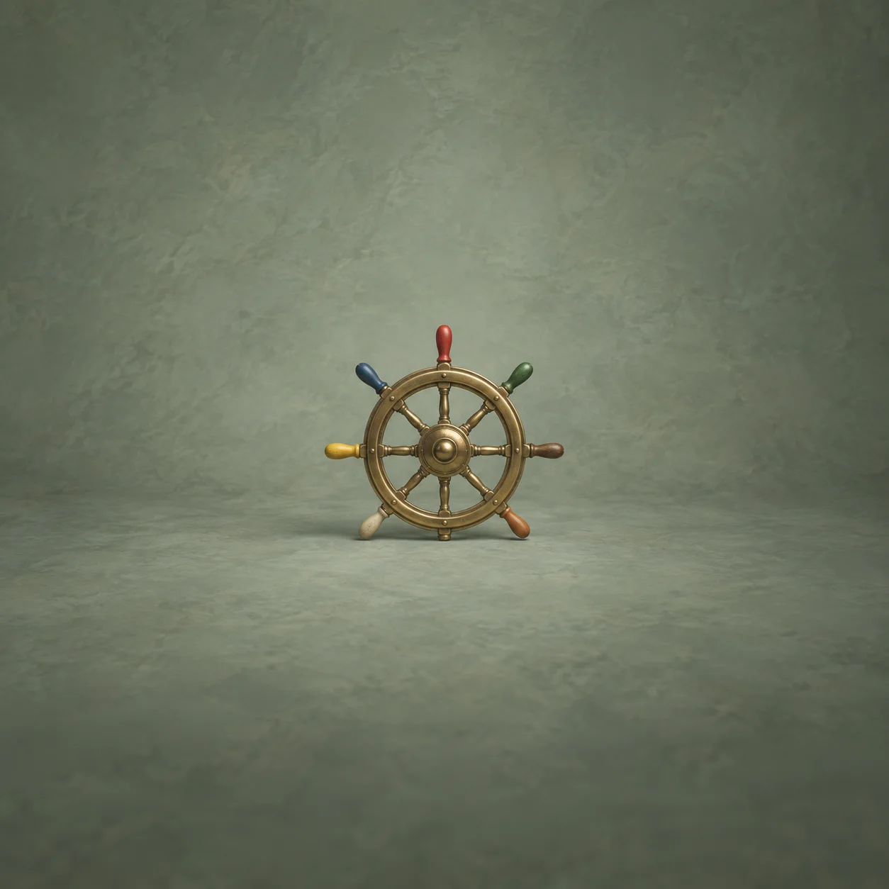 A brass ship's wheel with differently colored handles on a grey-green surface.