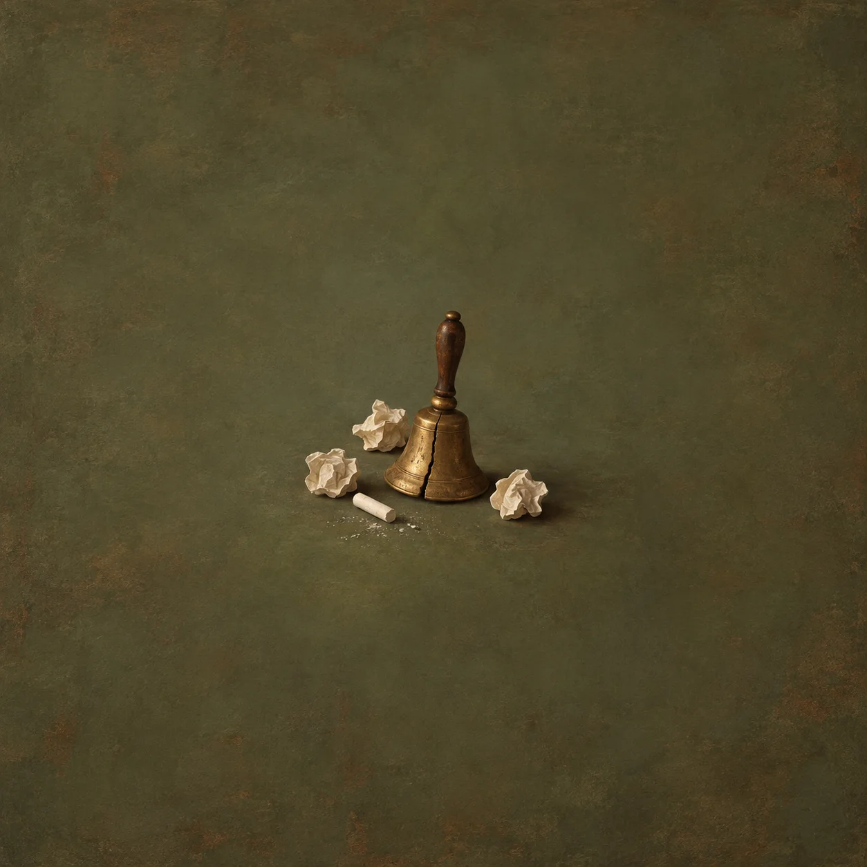 A brass handbell stands beside crumpled white paper and a piece of chalk on dark olive ground.
