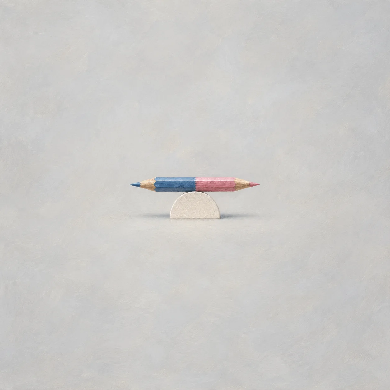 A blue-and-pink double-ended pencil balanced horizontally on a semicircular support against a soft gray background.
