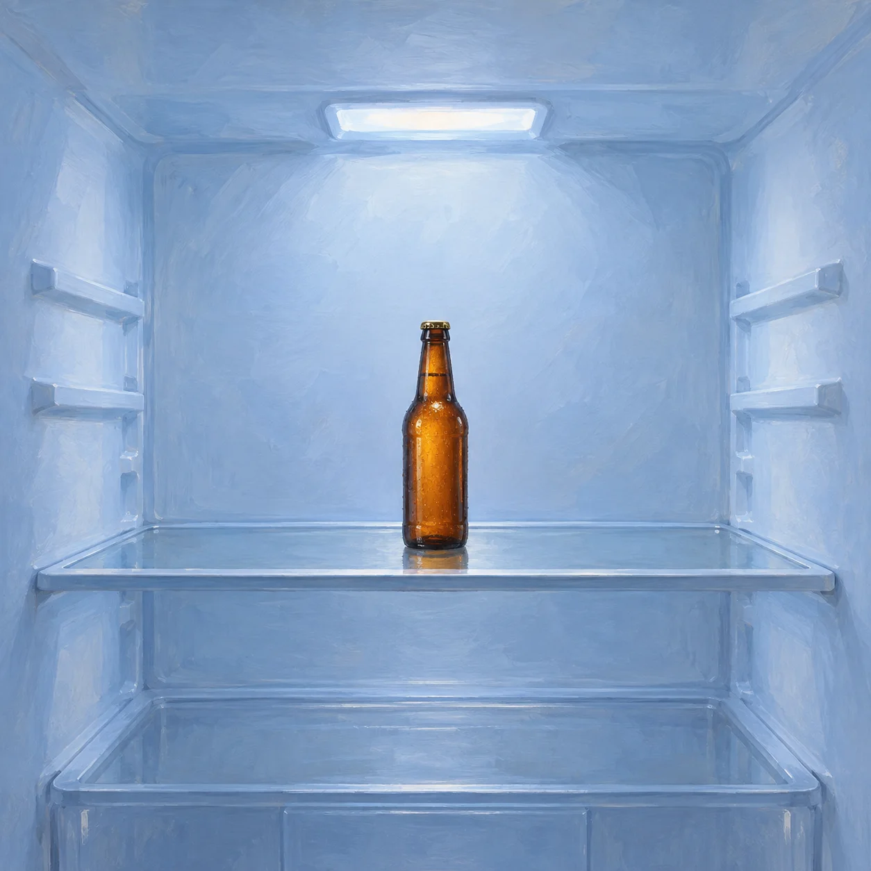 A single amber bottle stands on a glass shelf inside an otherwise empty refrigerator lit in cool blue.