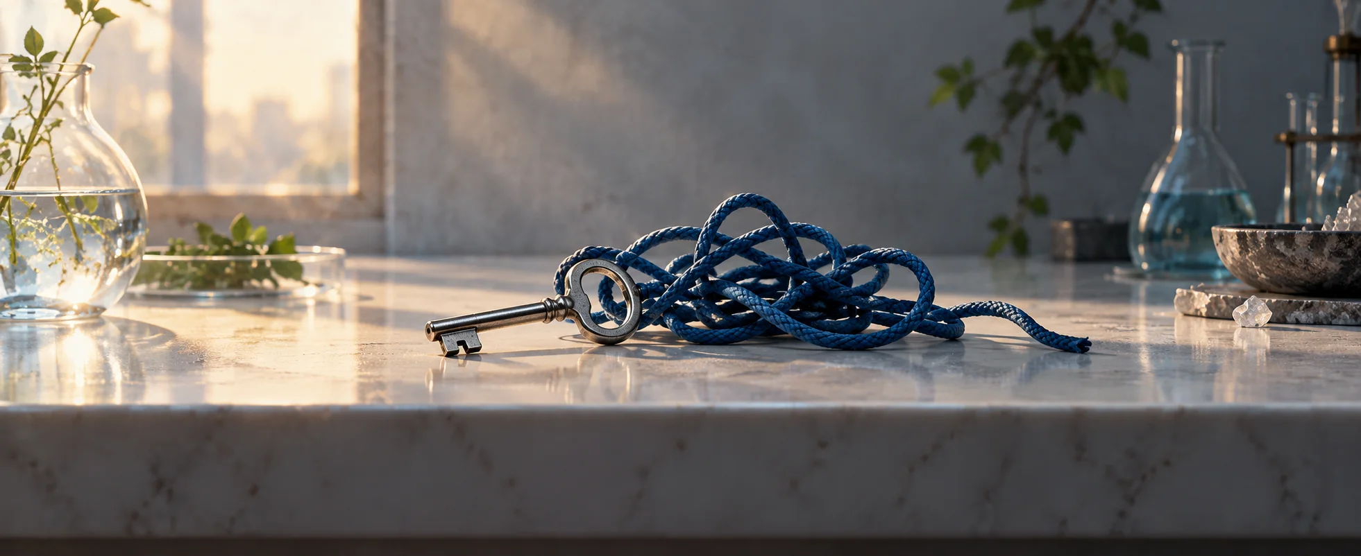 A plain silver key rests beside a tangled blue cord on a clean pale laboratory ledge.