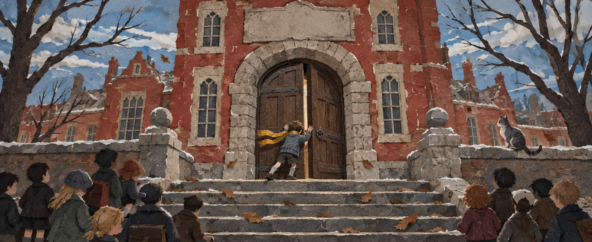 A small boy strains to push open the heavy front door of a stately brick school as a crowd of children watches from the steps.