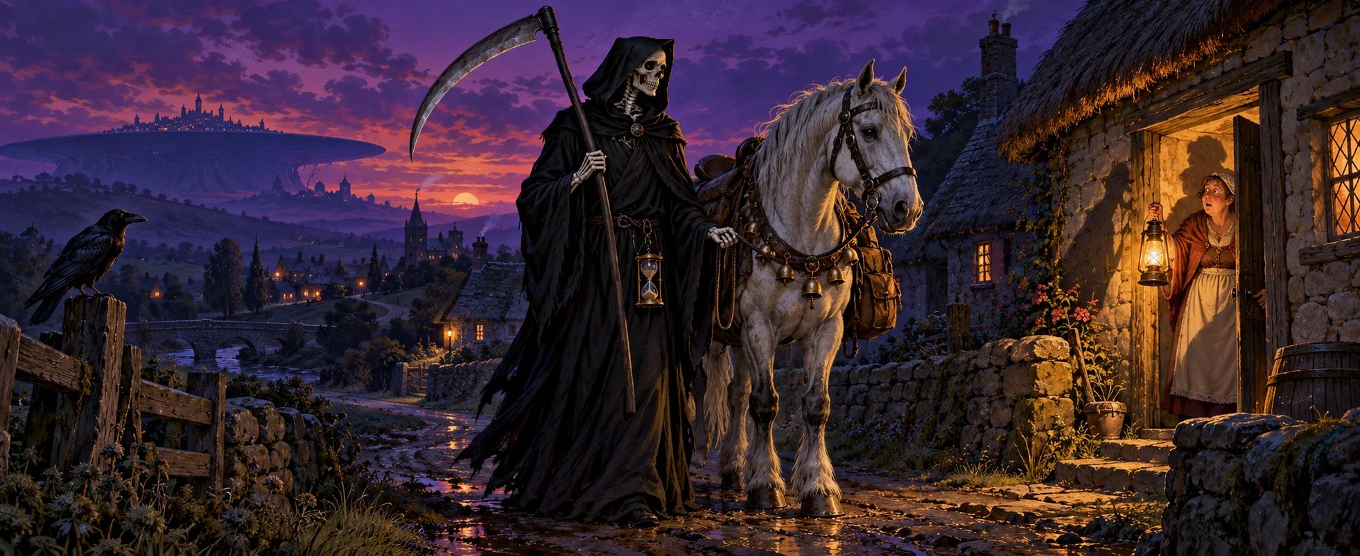 A tall skeletal figure in a black robe with a scythe stands beside a pale horse at a cottage door at dusk, a villager watching from inside.