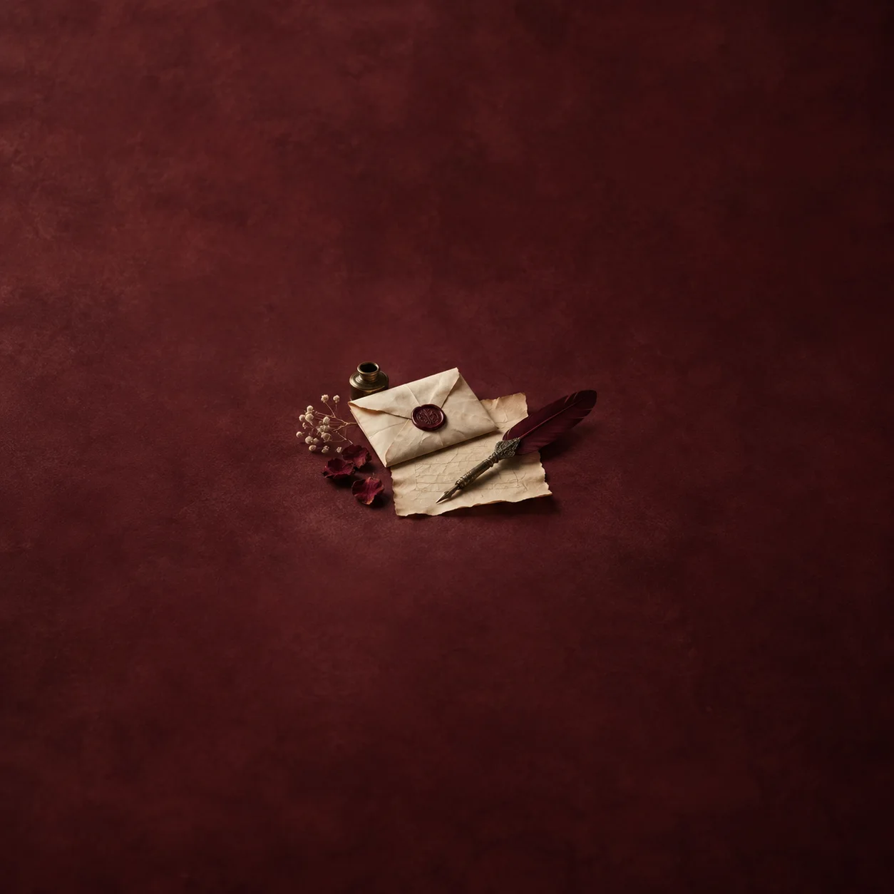 A wax-sealed envelope, a dark red quill and loose parchment lie against a deep burgundy background.