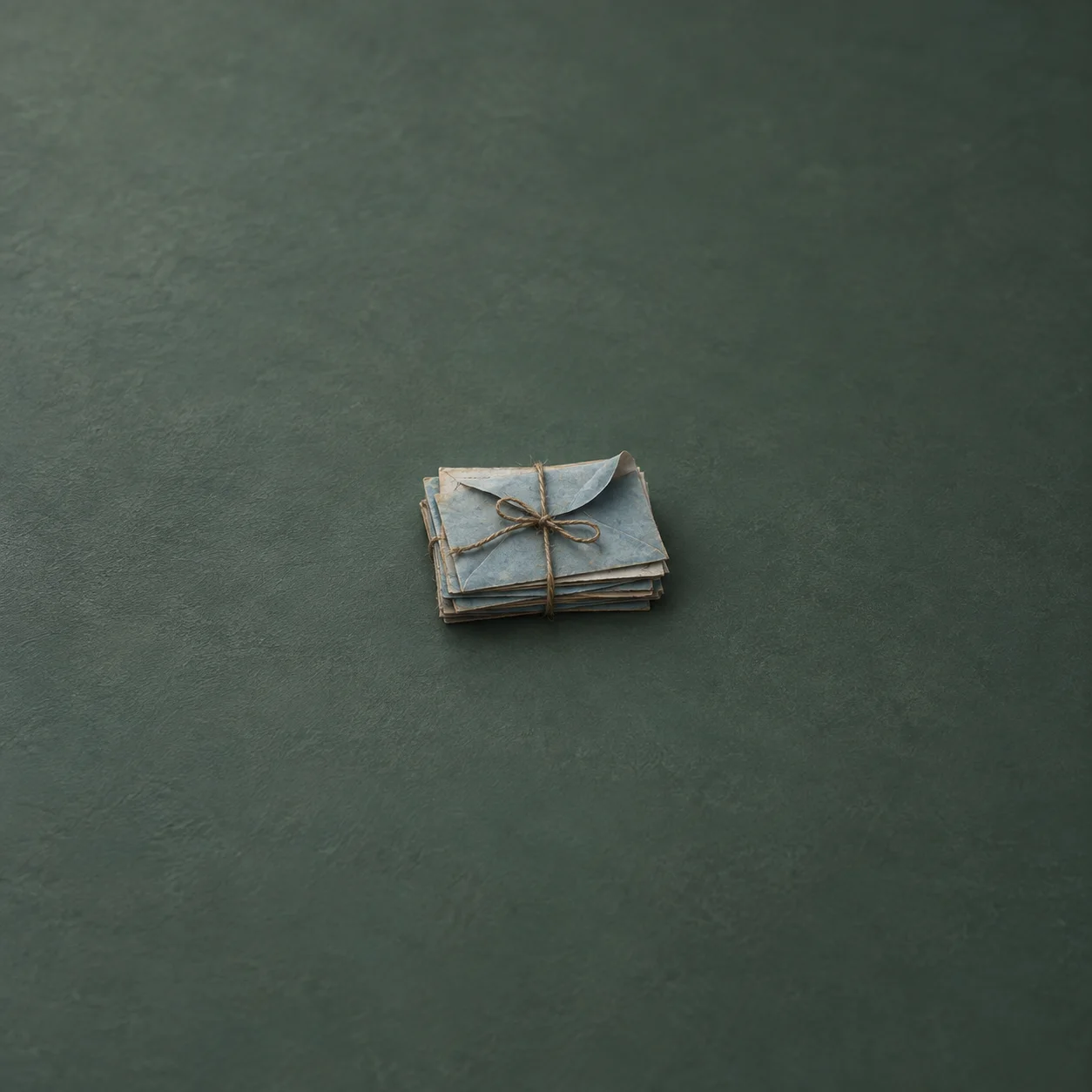 A bundle of worn blue-gray envelopes tied with twine on a slate-green surface.