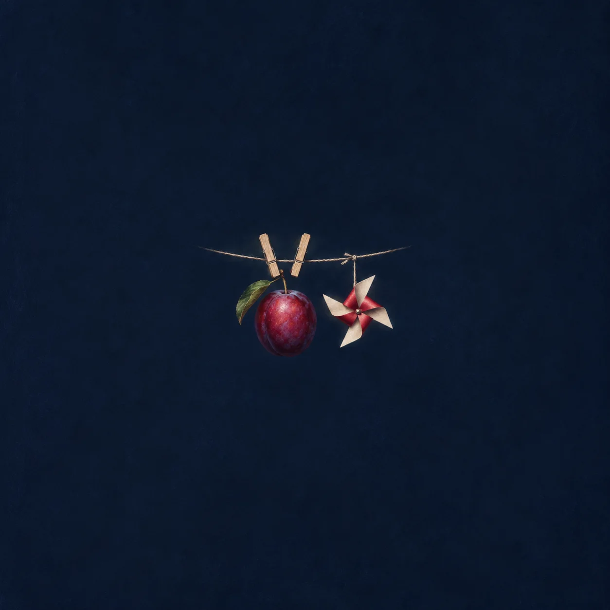 A red plum with a leaf and a small paper pinwheel hang from a cord beneath wooden pegs against navy.