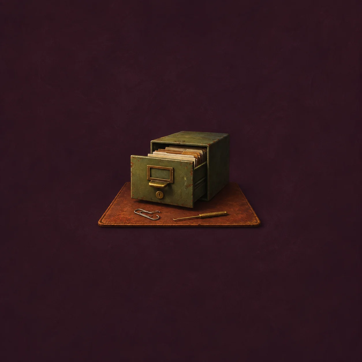 An open olive-green filing drawer with a bent paperclip and a small pick on an orange mat.