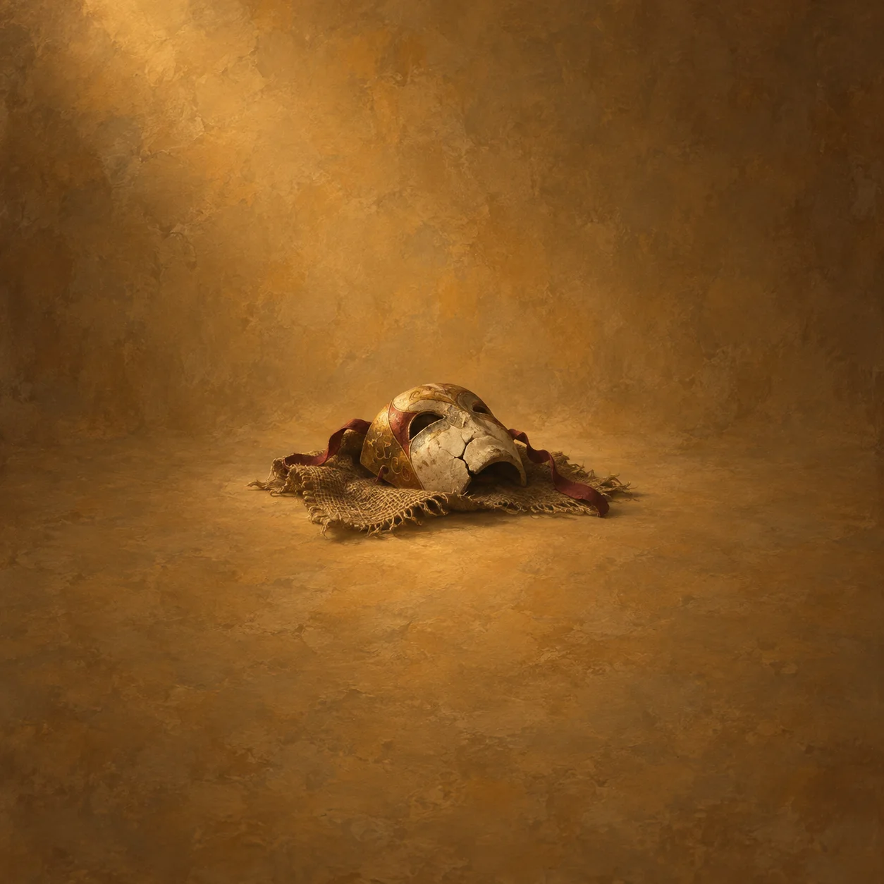 A cracked pale theatrical mask lies face-up on rough burlap beside dark red fabric against ochre.