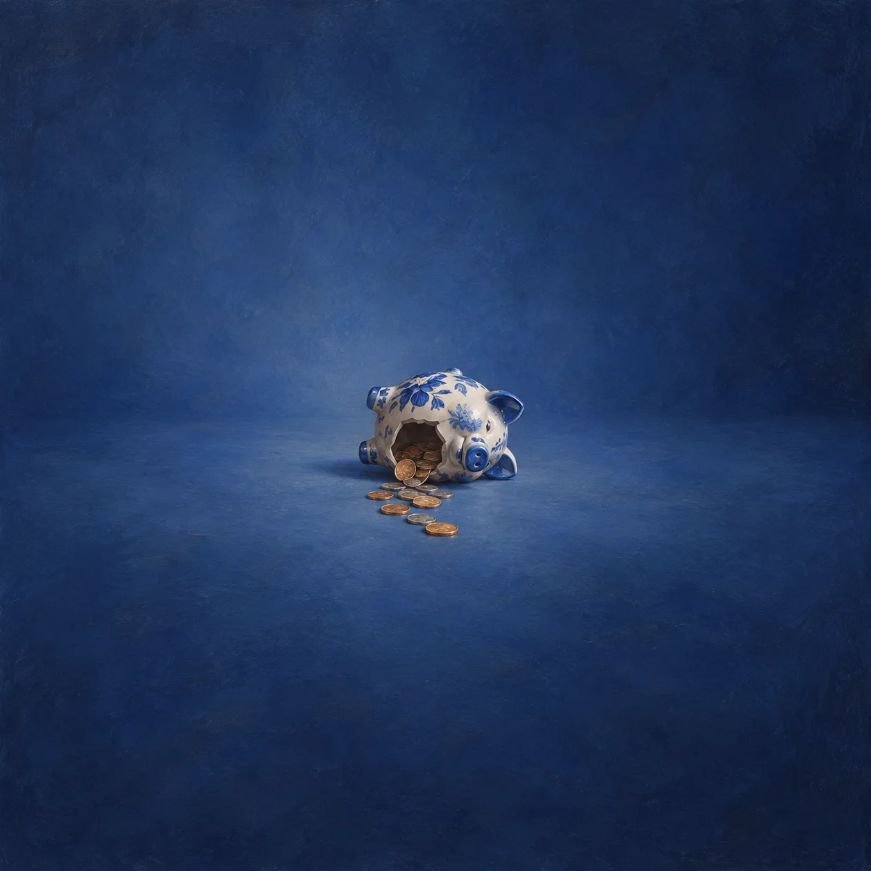 A blue and white piggy bank tipped over with coins spilling out on a dark blue background.
