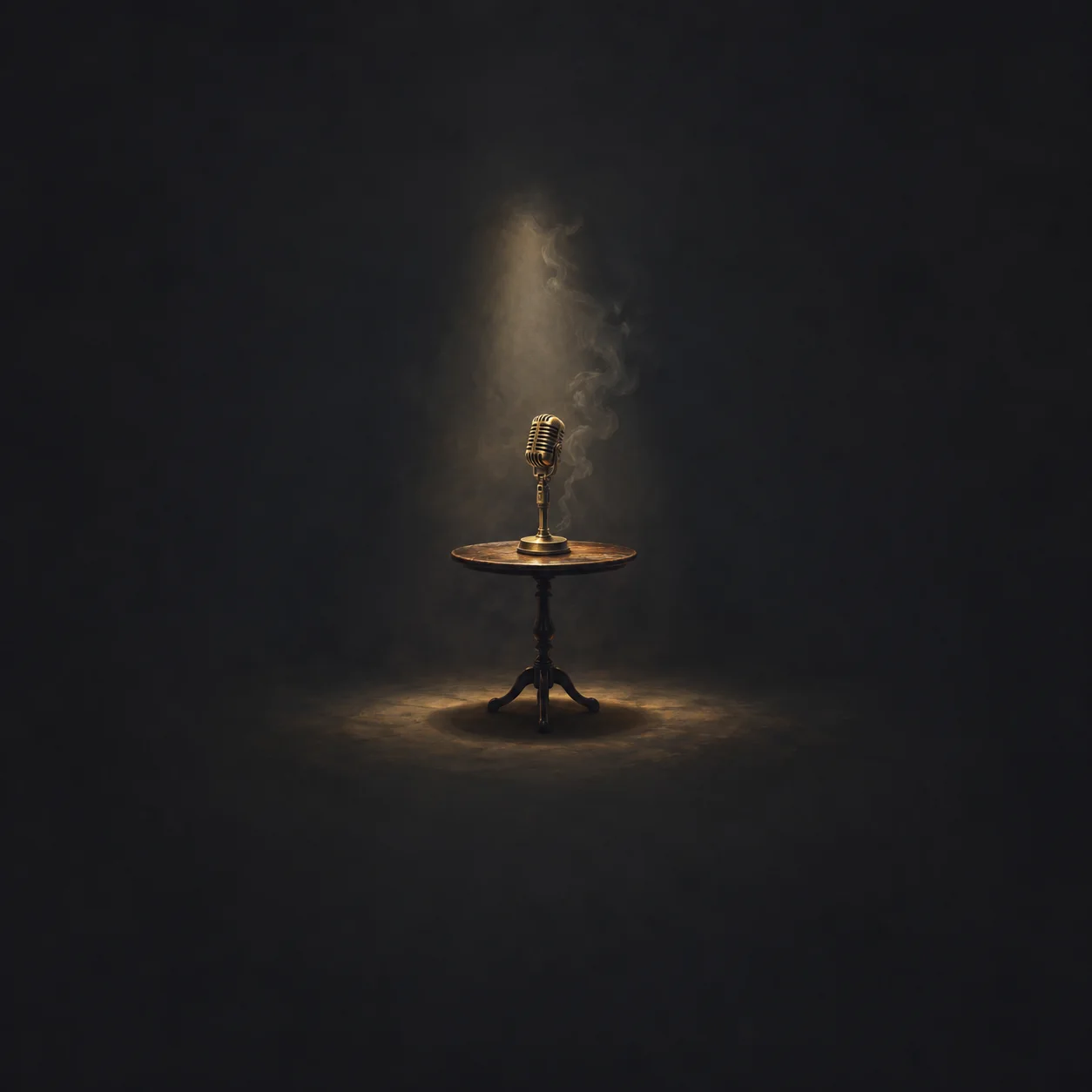 Painterly brass microphone on a small round table beneath a single spotlight in a dark room.