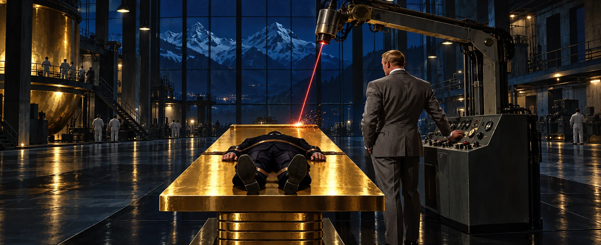 In Goldfinger's factory in Switzerland, Bond lies strapped to a solid-gold table as an industrial laser sparks at its far edge and Goldfinger stands at the controls, the Alps beyond the windows.