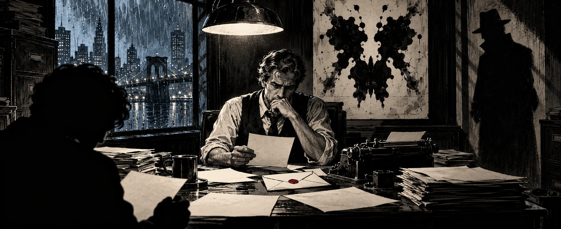 A grim man reads a letter at a cluttered desk under a lamp, an inkblot pattern on the wall and a rainy city beyond.