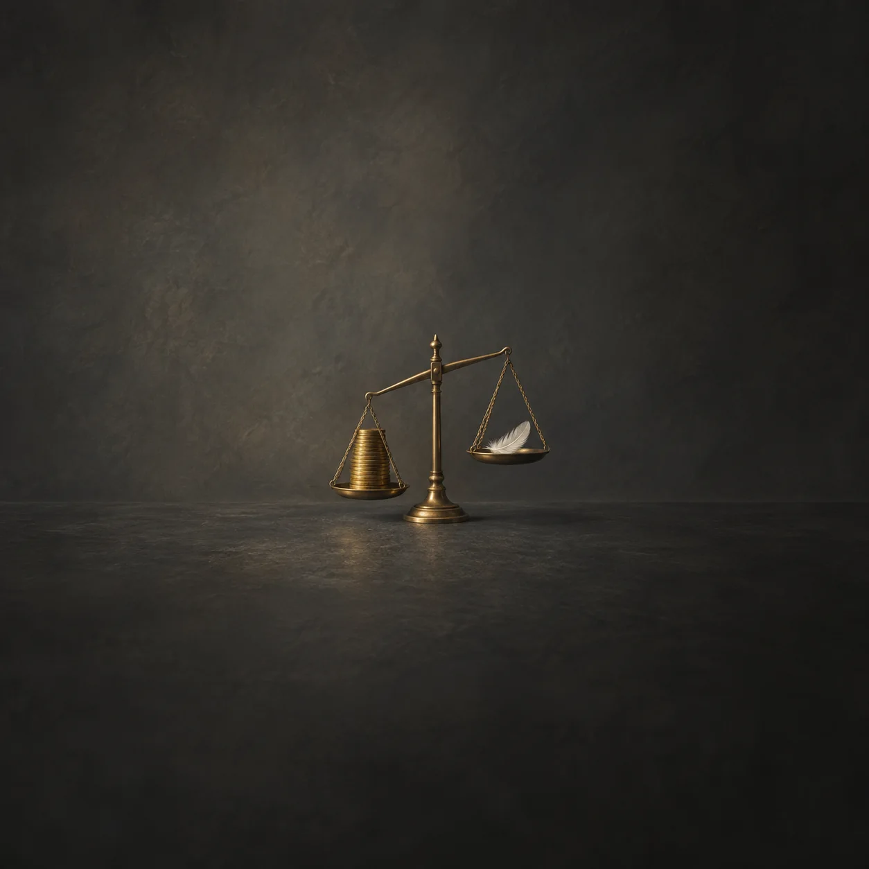 A brass balance scale tilted under a stack of gold coins against a single feather on the other pan.