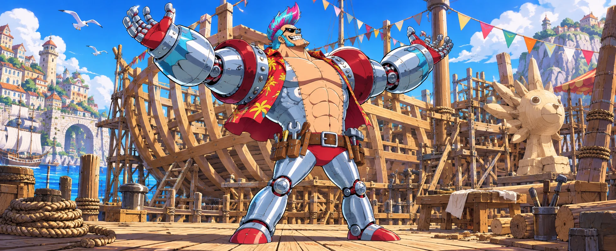 A blue-haired cyborg with huge metal forearms strikes a pose in a busy island shipyard.