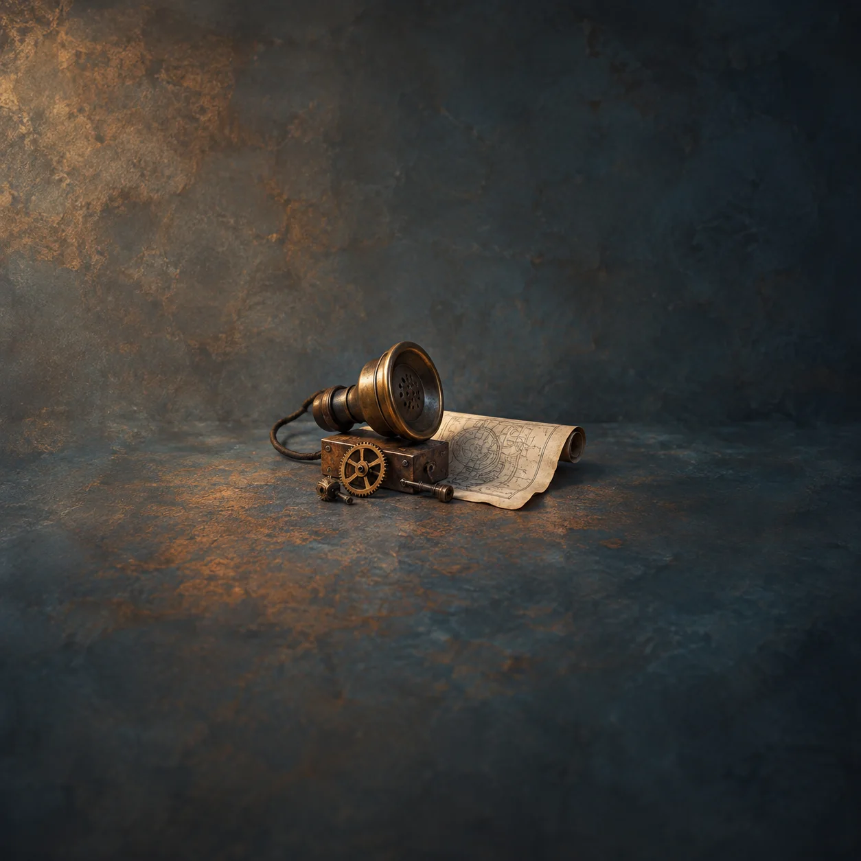 Painterly brass telephone earpiece and small gears beside an unrolled technical drawing.